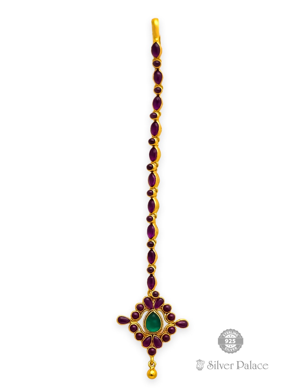 925 SILVER GOLD POLISHED GREEN AND PINK STONE NETTHI CHUTTI FOR GIRLS ANITE COLLECTION 