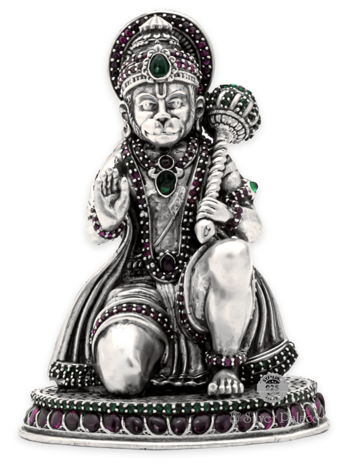 ANTIC FINISH 925 SILVER ANJANEYA IN SITTING POSITION IDOL WITH RUBY EMERALD 