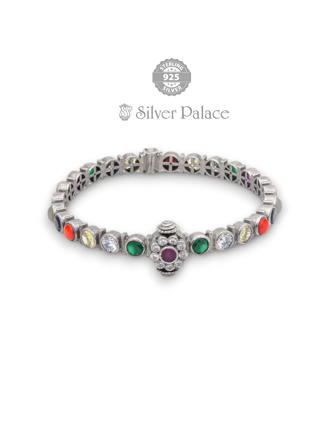 925 STERLING SILVER MANNJ COLLECTION MULTICOLOUR NAVRATHNA STONE BANGLES SINGLE FOR WOMEN