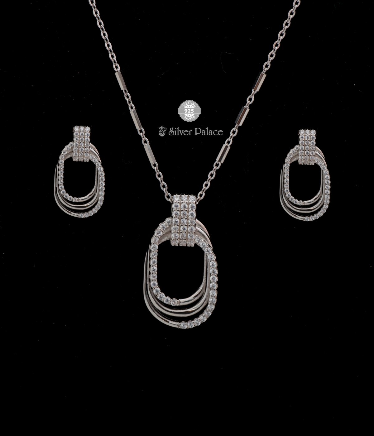  925 Sterling silver Triple Layer Oval White Zircon Fashion Pendant chain with earrings 