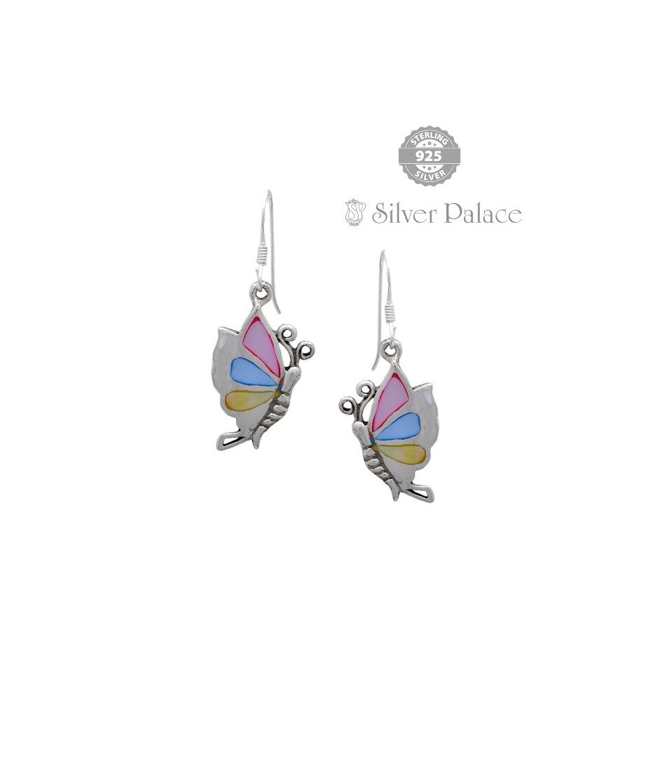 925 Silver  Trishe Collection Multi Color MOP Studded With Dangle Butterfly Earrings For Party Wear 