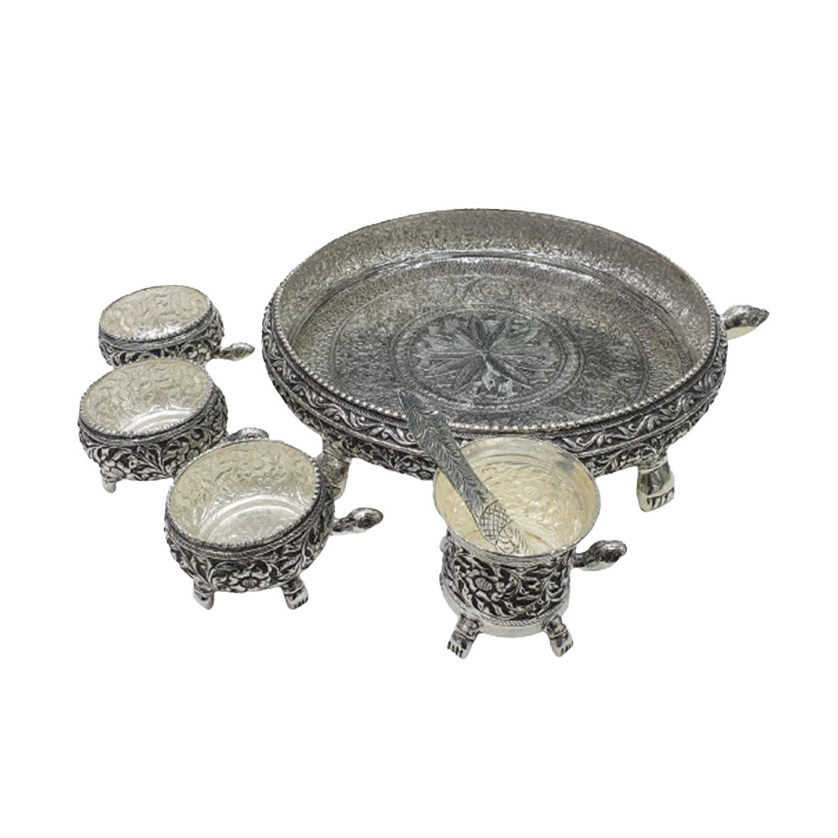 TORTOISE SHAPED TRADITIONAL SILVER POOJA TRAY SET