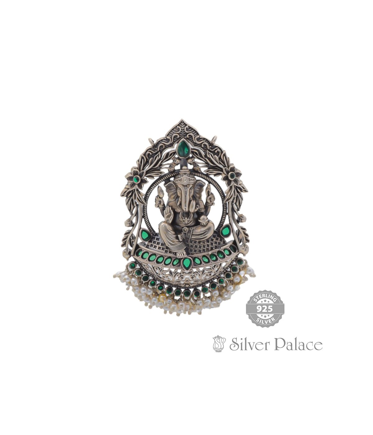 925 PURE SILVER PEARL WITH GREEN STONE STUDDED GANESHA PENDANT
