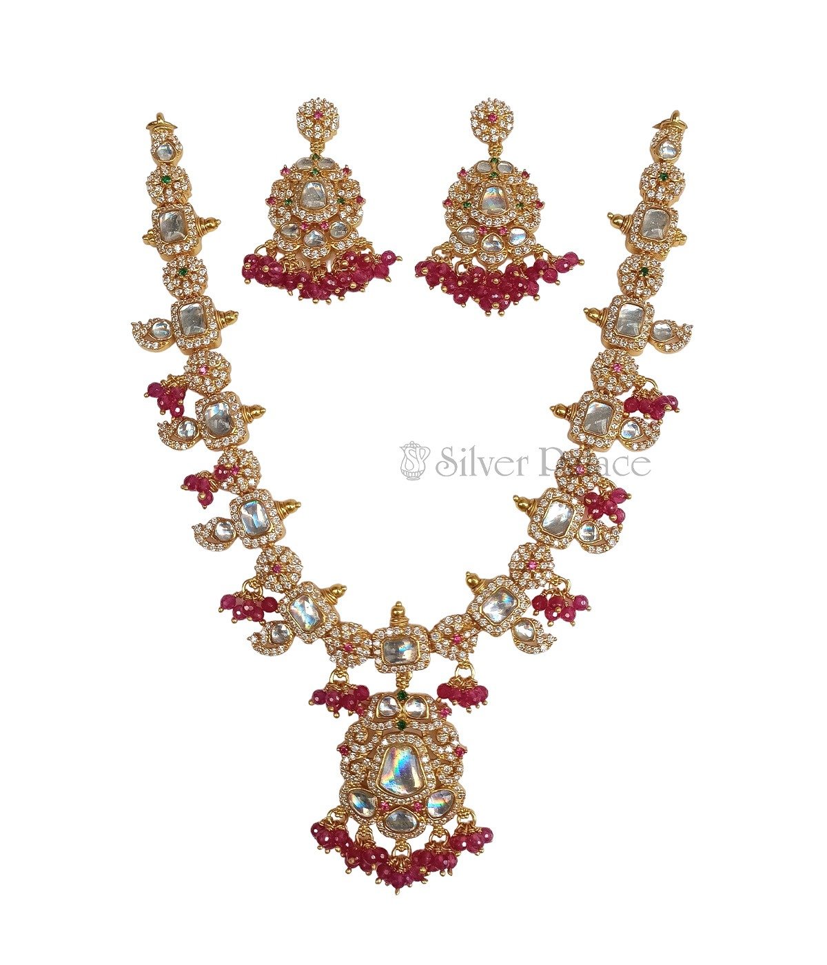 GOLD POLISH PINK CRYSTAL BEAD NECKLACE TEMPLE DESIGN
