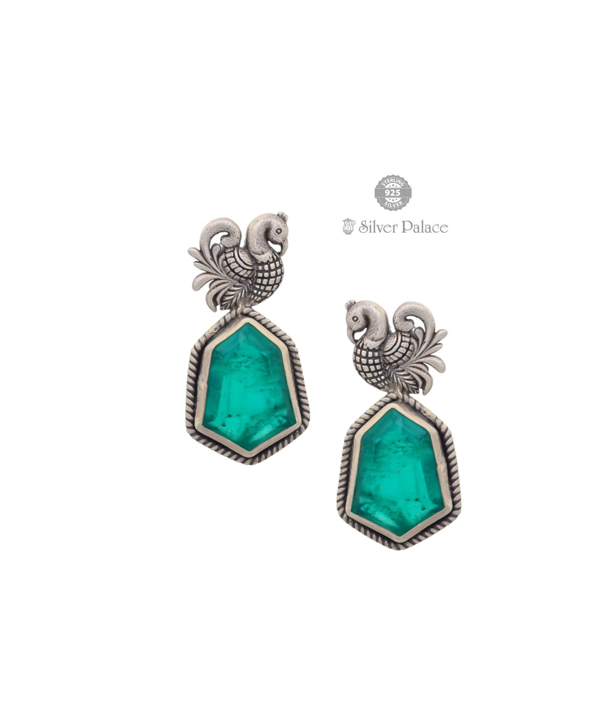 Ruch Collections 92.5 Silver green stone swan contemporary earrings for women