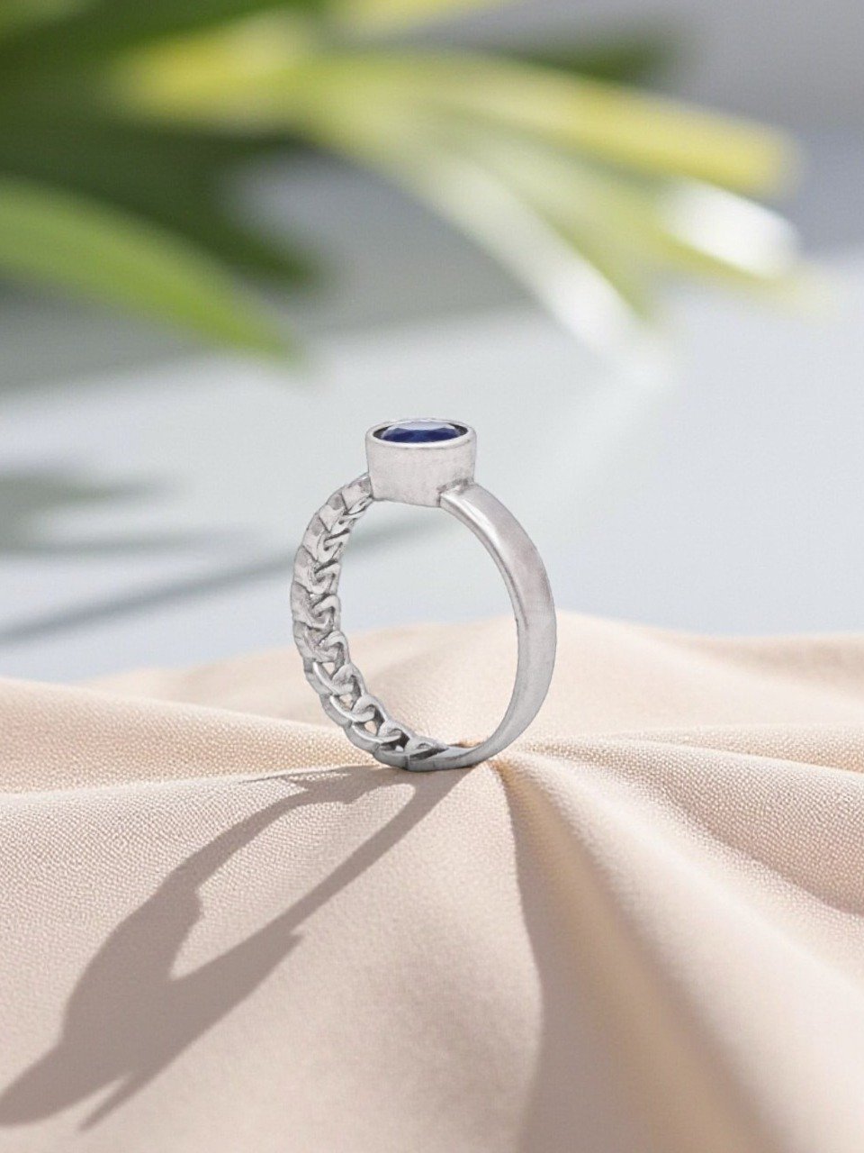 925 STERLING SILVER CHAIN TYPE BLUE STONE RASHI RING FOR MEN AND WOMEN 