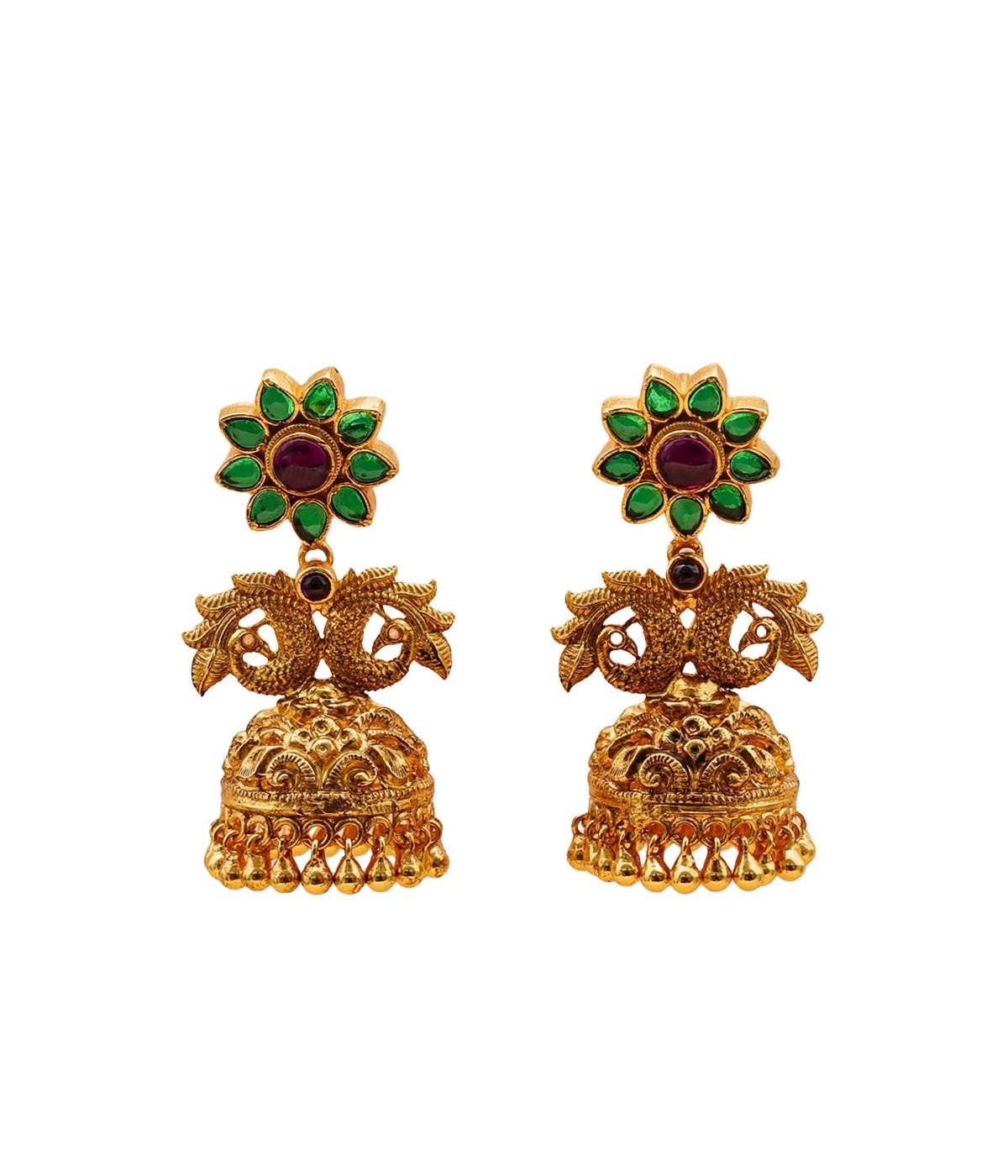 92.5 GOLD POLISHED GREEN STONE FLORAL PEACOCK DESIGN JHUMKHI