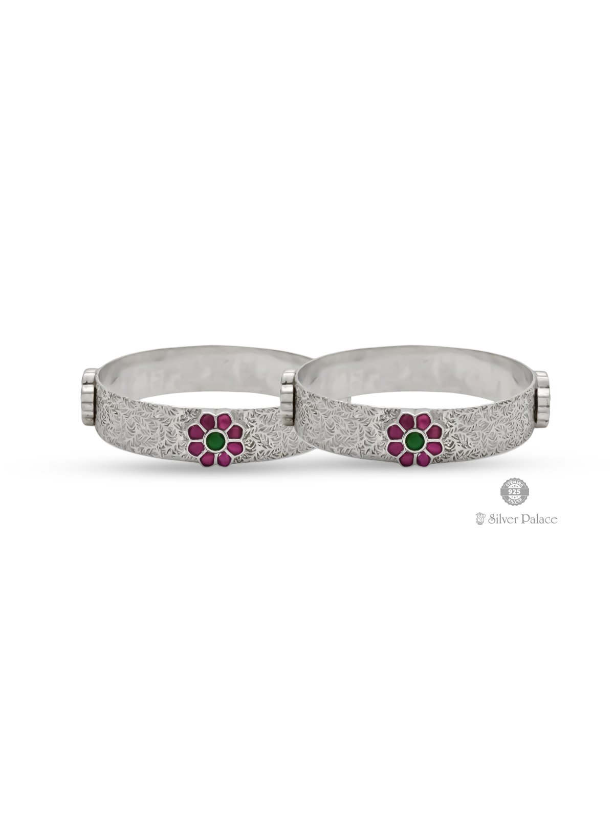 925 OXIDISED SILVER FLORAL DESIGN PINK AND GREEN STONE BANGLE FOR WOMEN NEETH COLLECTION 