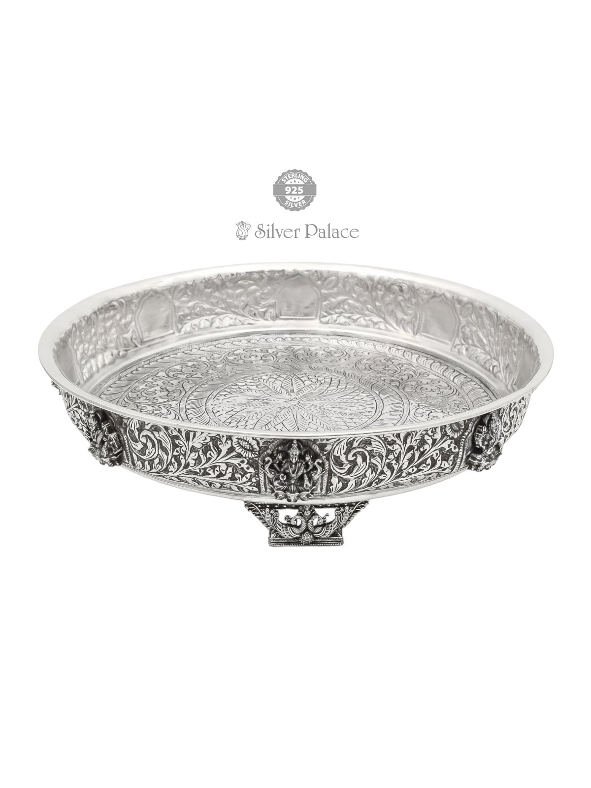 925 OXIDISED SILVER ASTALAKSHMI WITH FLORAL ENGRAVING POOJA PLATE 