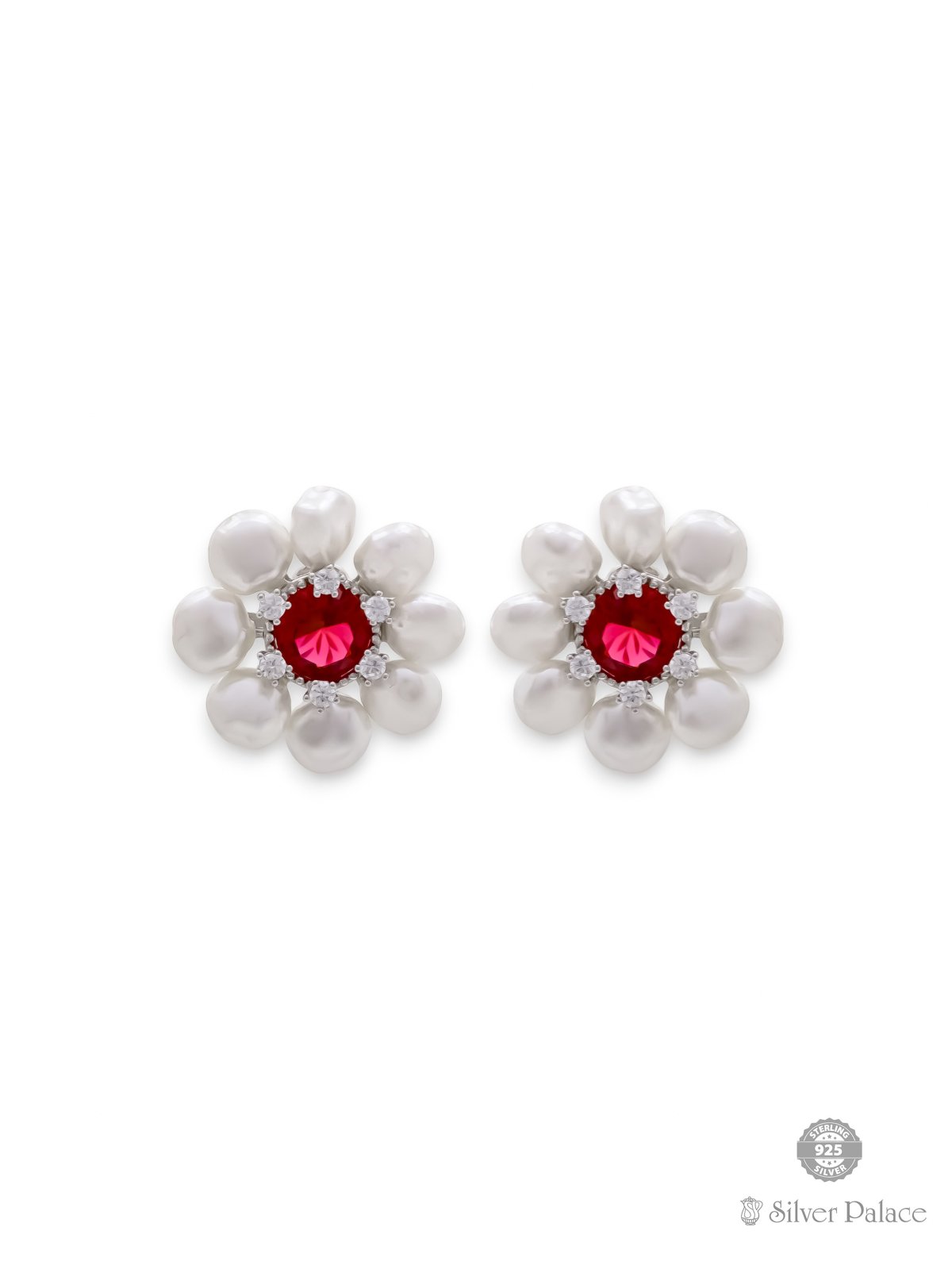 925 SILVER PEARL WITH RED STONE EARRING FOR GIRLS PRITI COLLECTION 