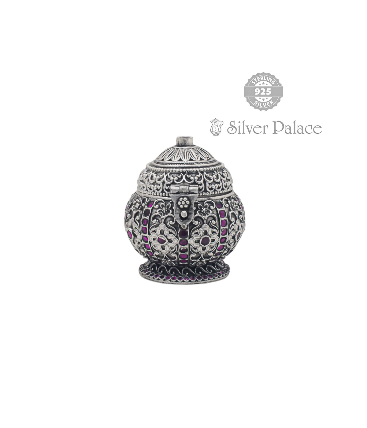 925 OXIDIZED SILVER MANNJ COLLECTION PINK STONE KUM KUM BOX FOR POOJA PURPOSE