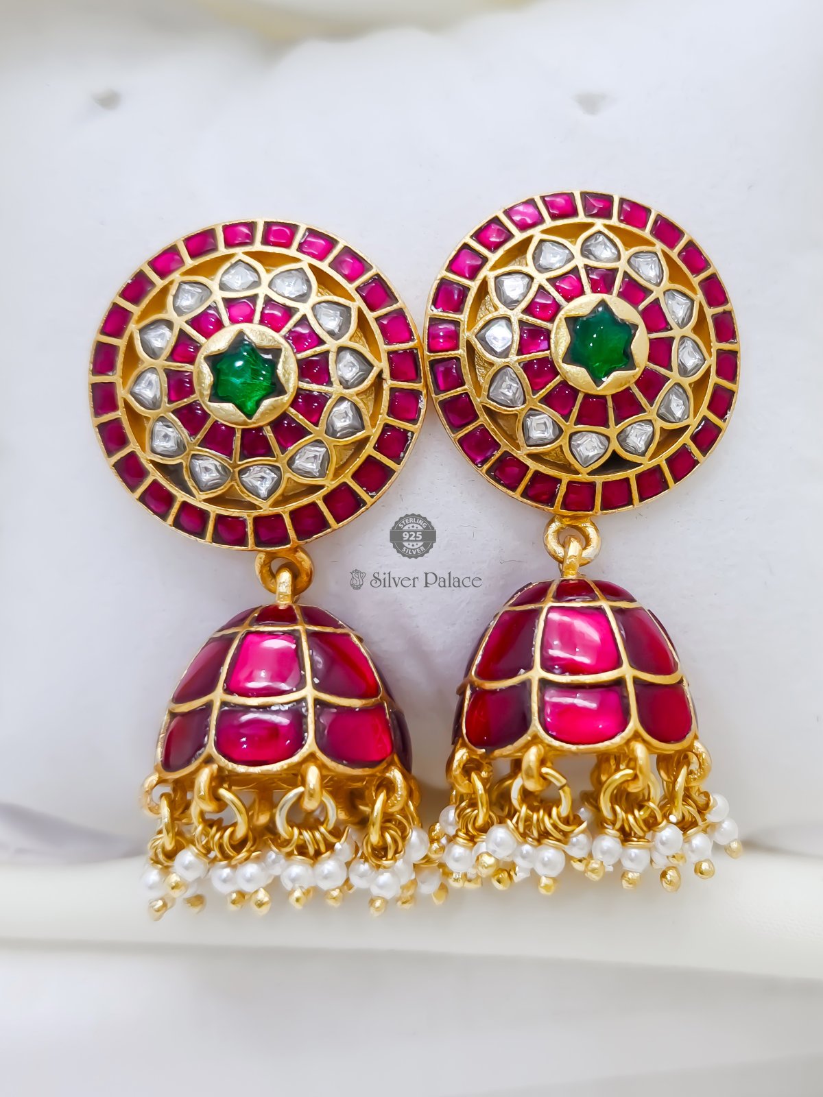 925 Sterling Silver Anite Collection Gold Polished Pink Stone earing For Women  
