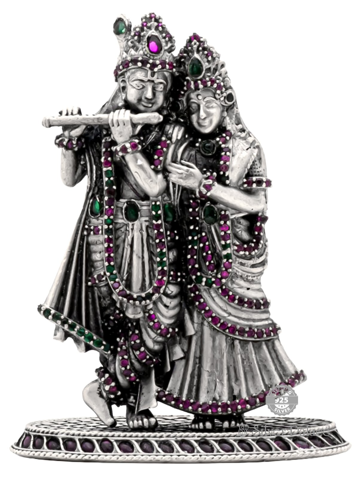 ANTIC FINISH 925 SILVER RADHA KRISHNA  IDOL WITH RUBY EMERALD 