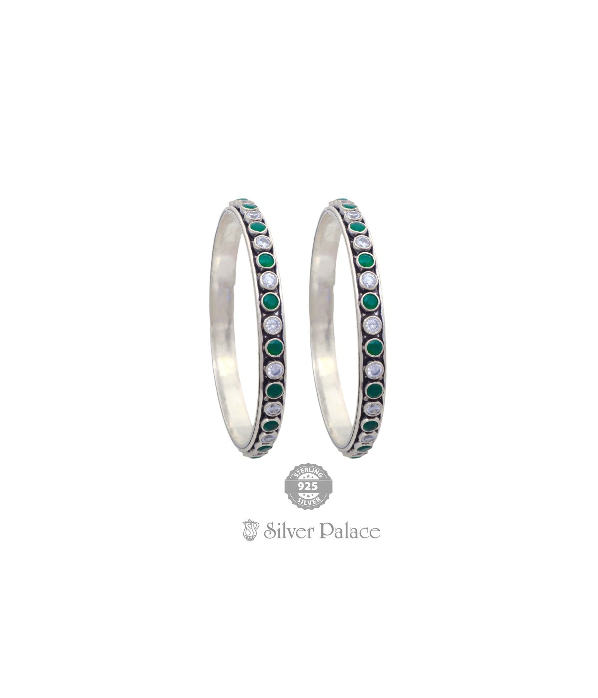 92.5 OXIDISED SILVER BANGLES WITH GREEN & WHITE STONES FOR WOMEN NEETH COLLECTION