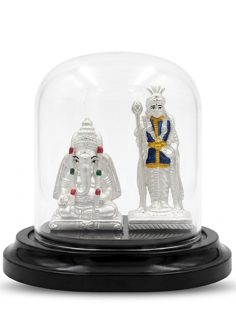 925 Silver Murugan and vinayagar with Acrylic Base Statue for gift and pooja  EJI COLLECTION