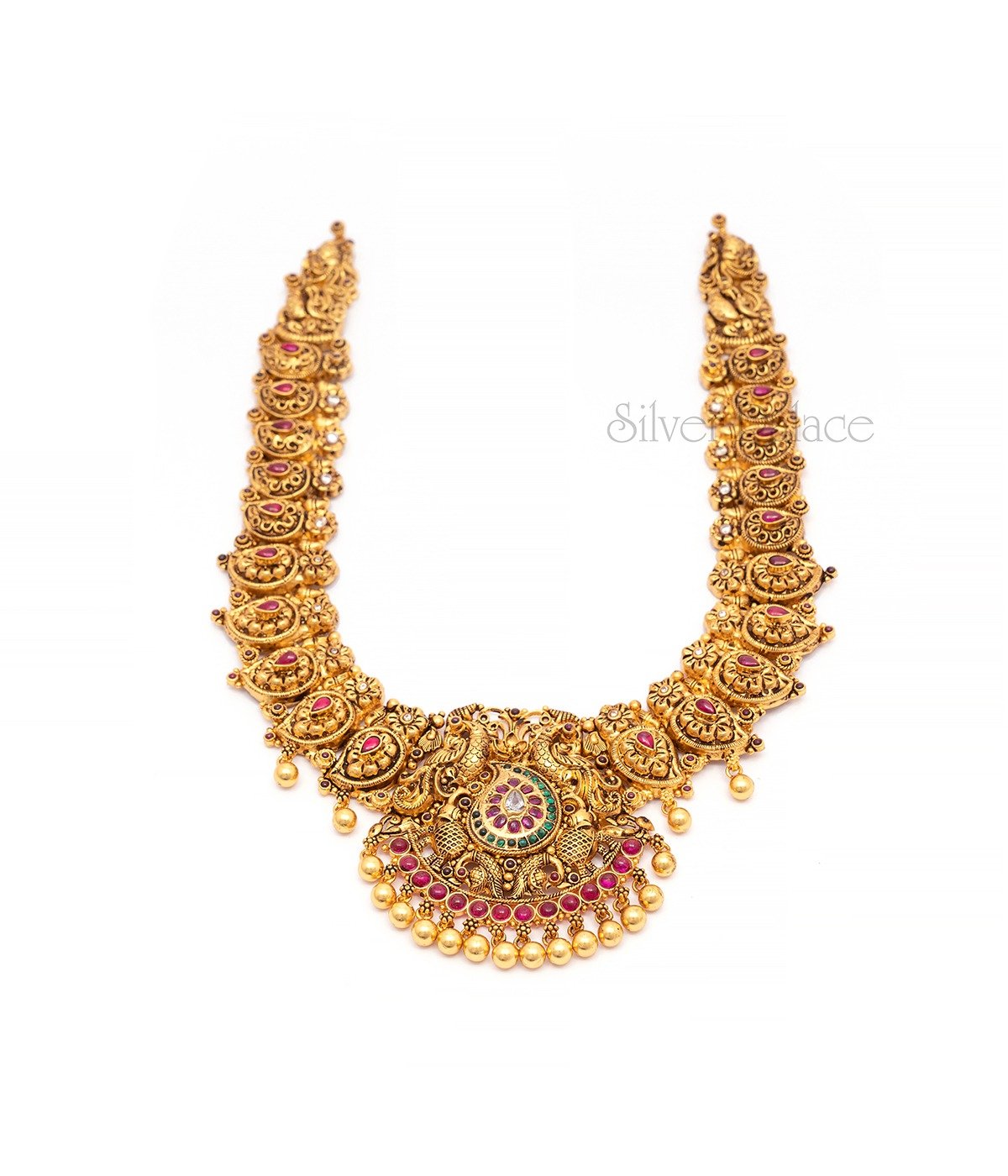 GOLD PLATED PEACOCK DESIGN LONG NECKLACE WITH GOLD BEADS