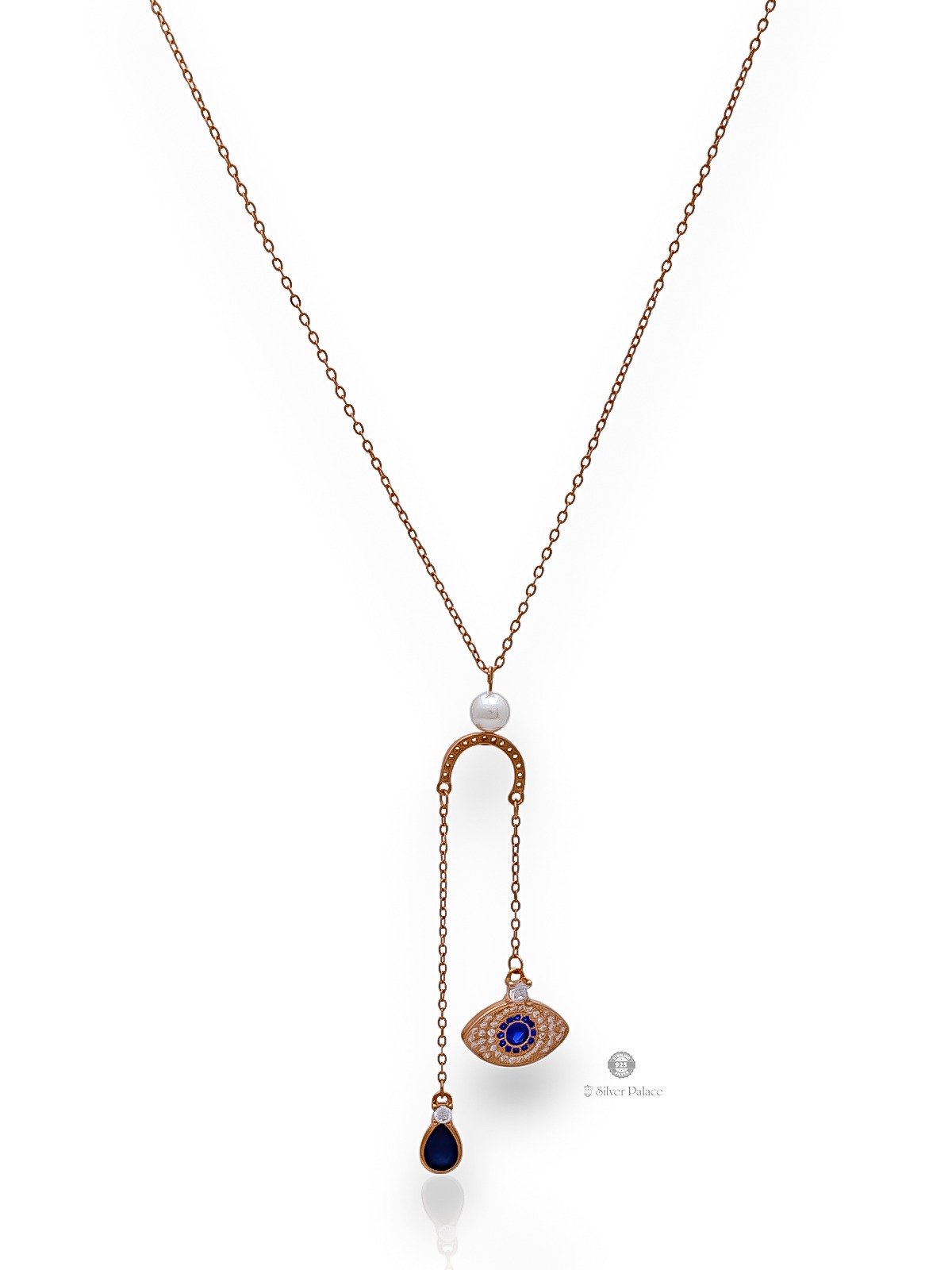 92.5 STERLING SILVER ROSE GOLD POLISHED EVIL EYE WITH BLUE STONE HANGING PANDANT CHAIN SHEYA COLLECTION 
