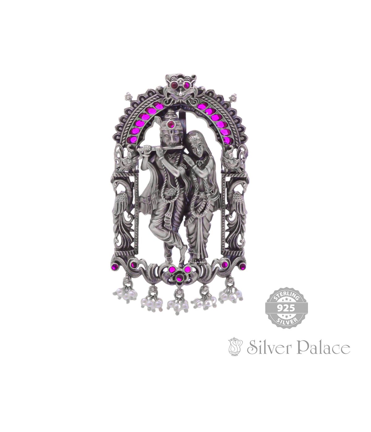 92.5 SILVER KANNAN RATHAI DIVINE WITH PINK & PEARL STONE STUDDED TRADITIONAL PENDANT FOR GIRLS 