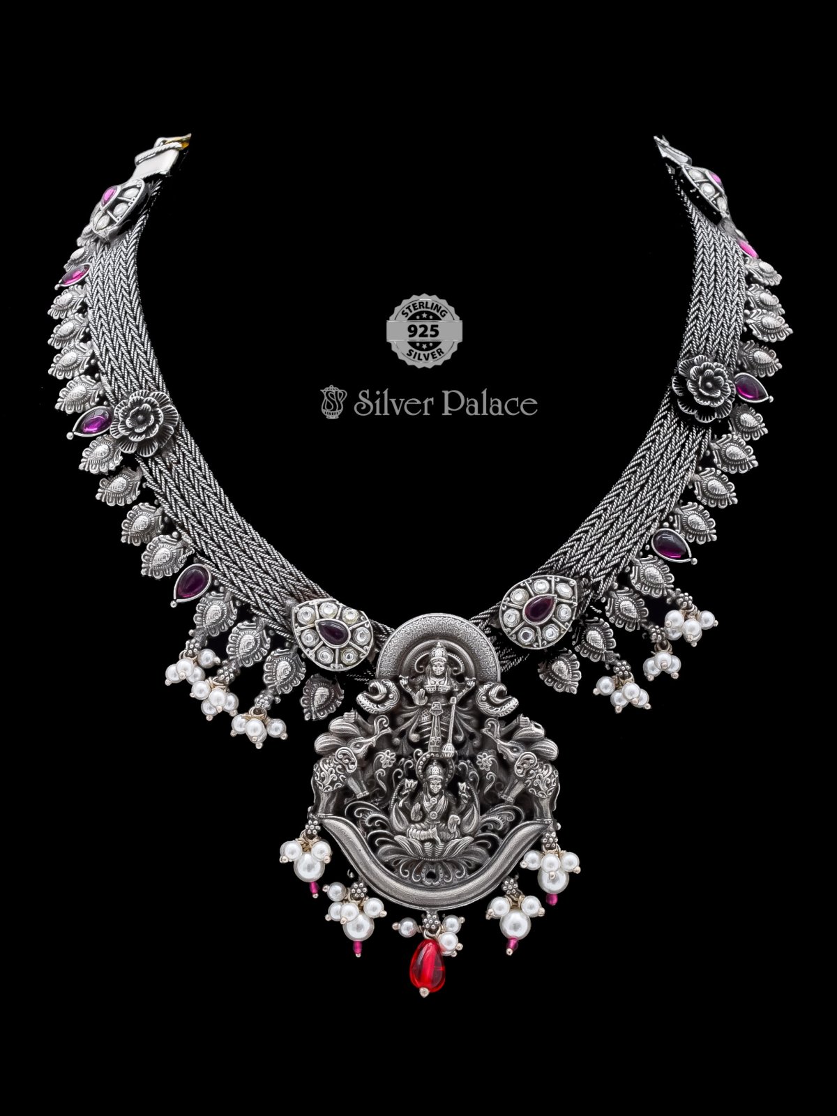 925 SILVER ROOP COLLECTION ANTIC FINISH NECKLACE HANDCRAFTED WITH LAKSHMI WITH PEARL DROPS