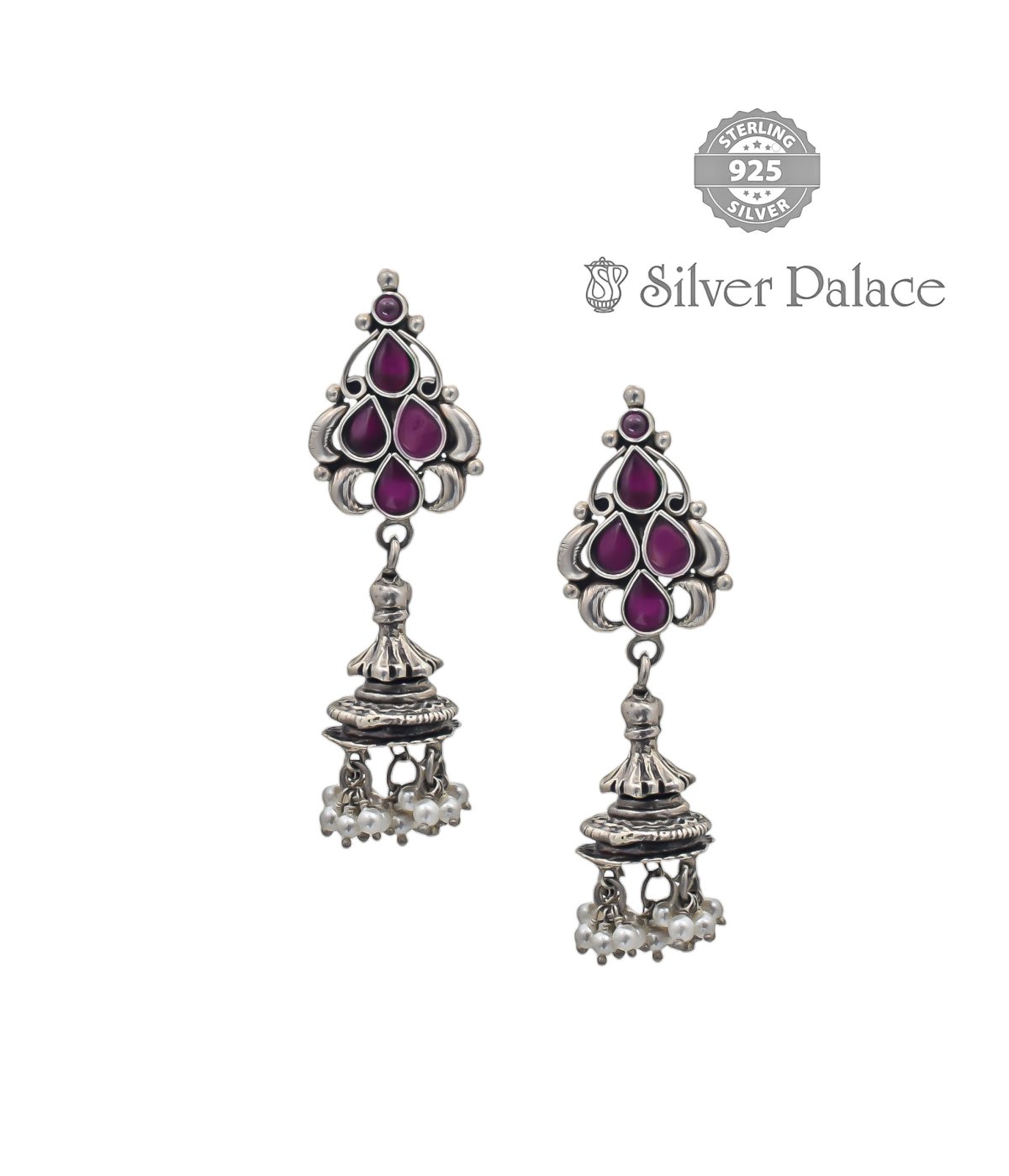 92.5 STERLING SILVER PINK STONE JHUMKAS