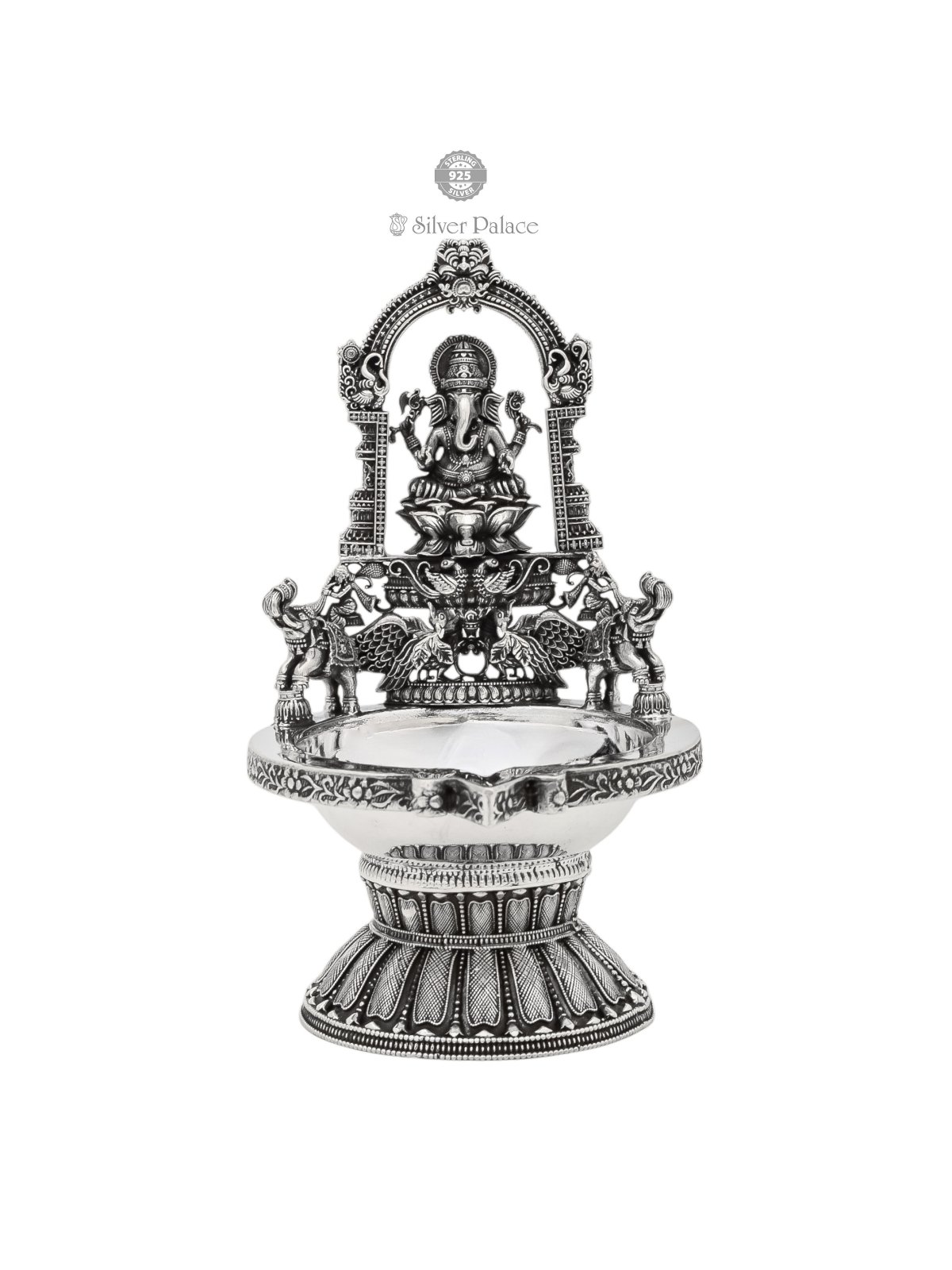 925 ANTIC SILVER GANESH MOTIF LAMP FOR WEDDING GIFT 