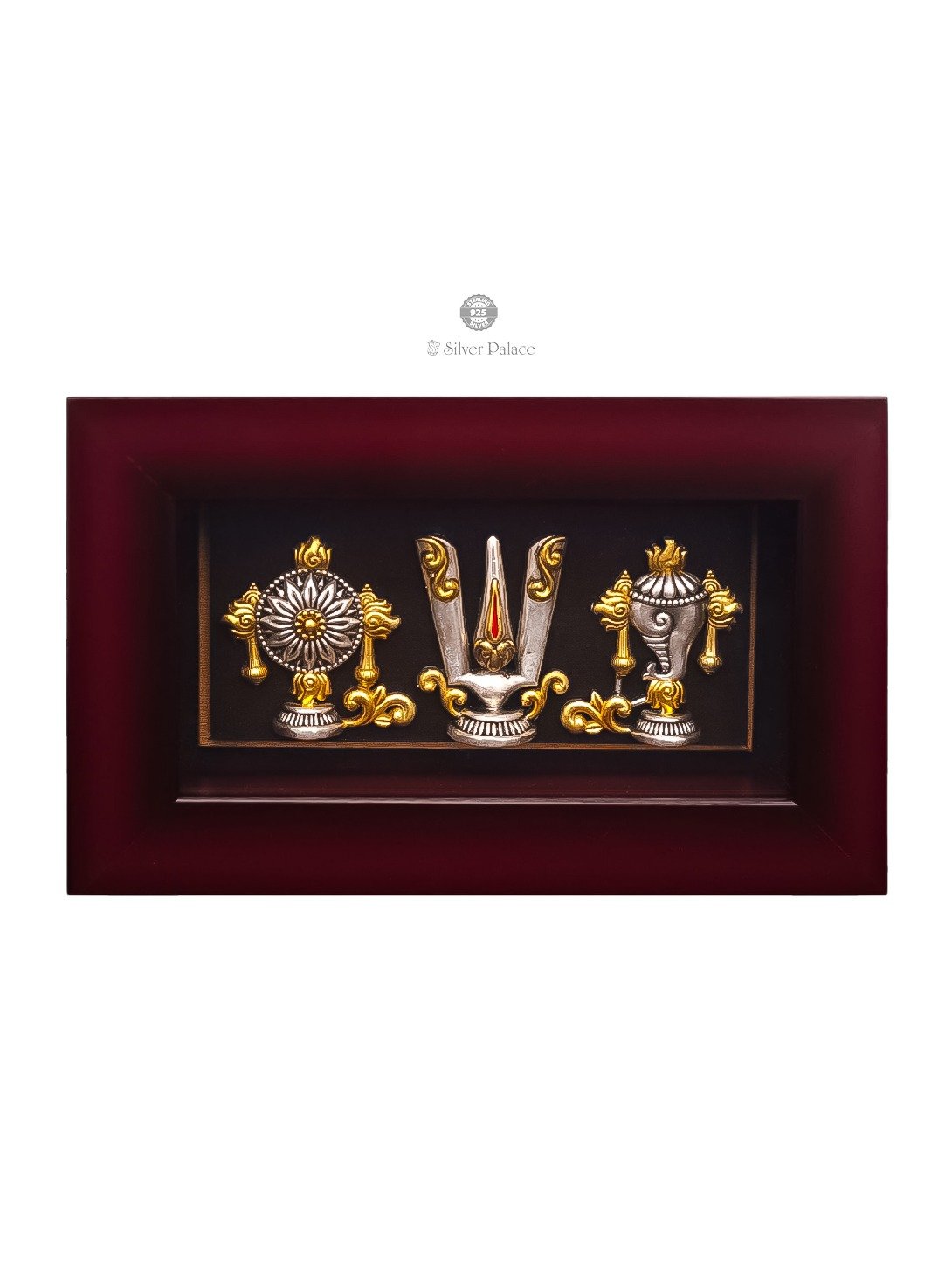 925 SILVER GOLD POLISHED SANGU , SAKKARAM AND NAMAM PHOTO FRAME