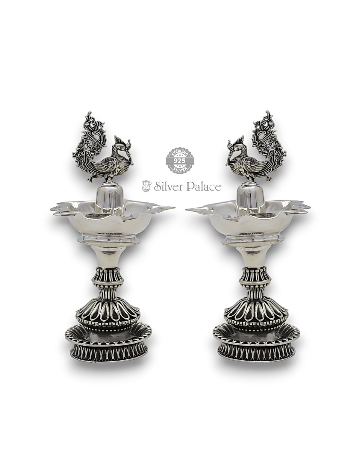925 OXIDISED SILVER PEACOCK DESIGN LAMP FOR POOJA PURPOSE 
