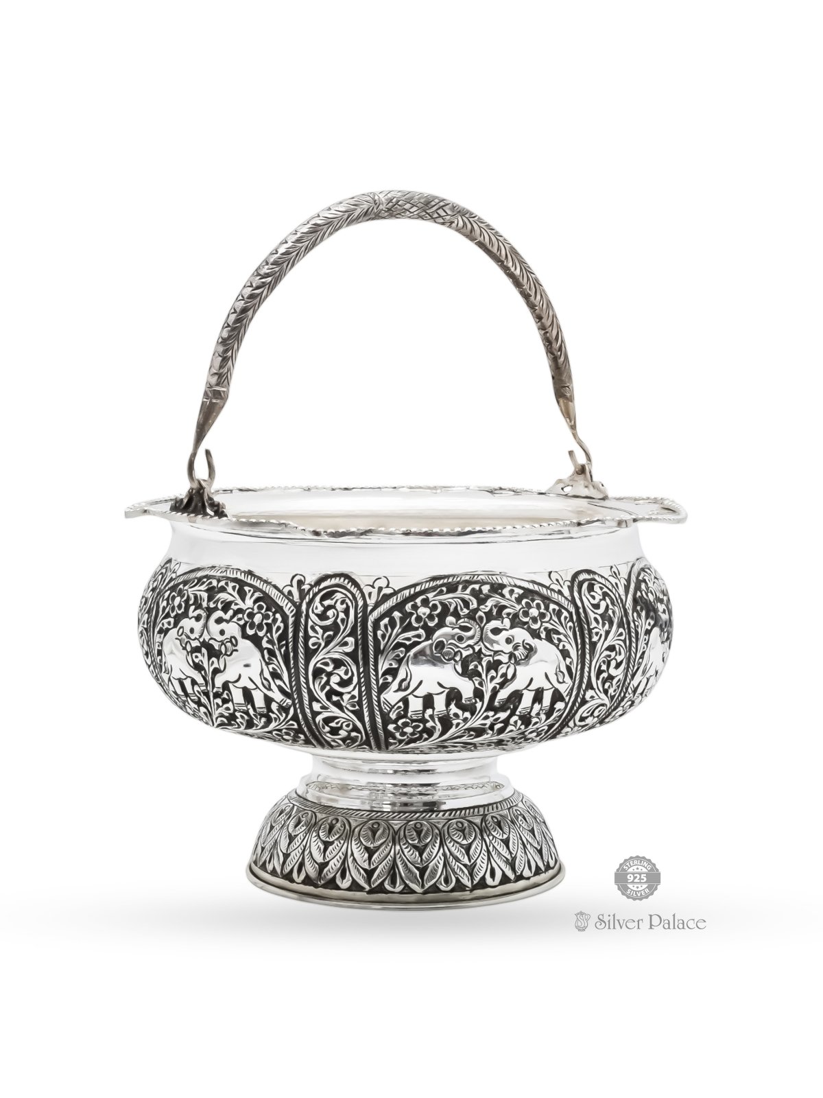925 PURE ANTIC SILVER ELEPHANT AND FLORAL DESIGN FLOWER BASKET 