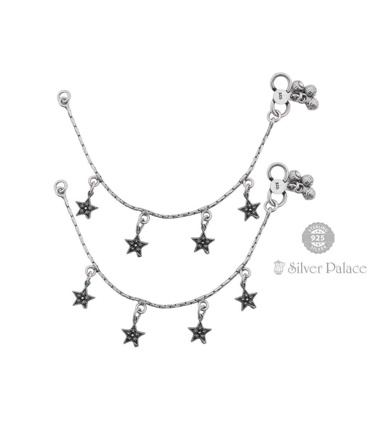 925 Sterling Silver Dangling Star Charm With  bells anklets For Women & Girls