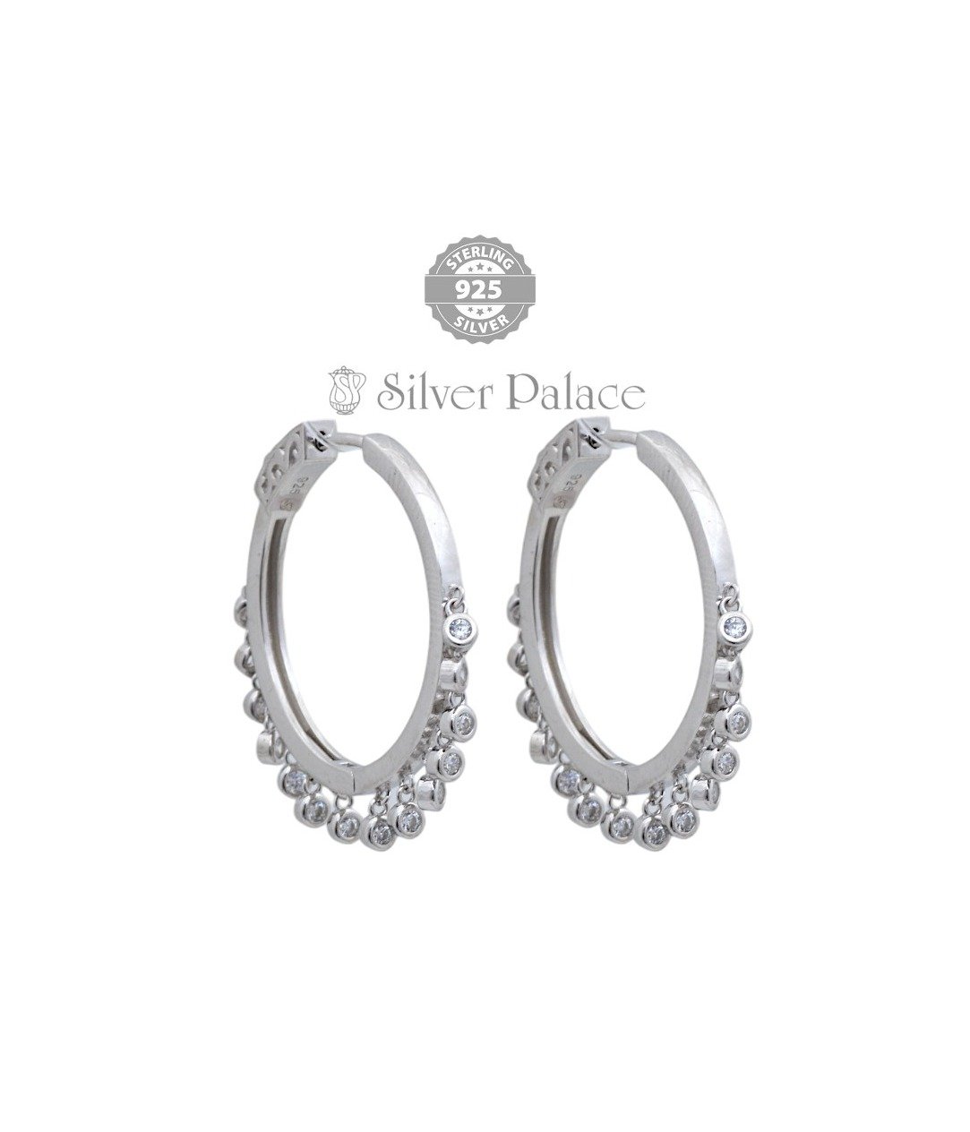 92.5 Pure Silver Earrings Bali with Small Round Dangling CZ For Women/Girls