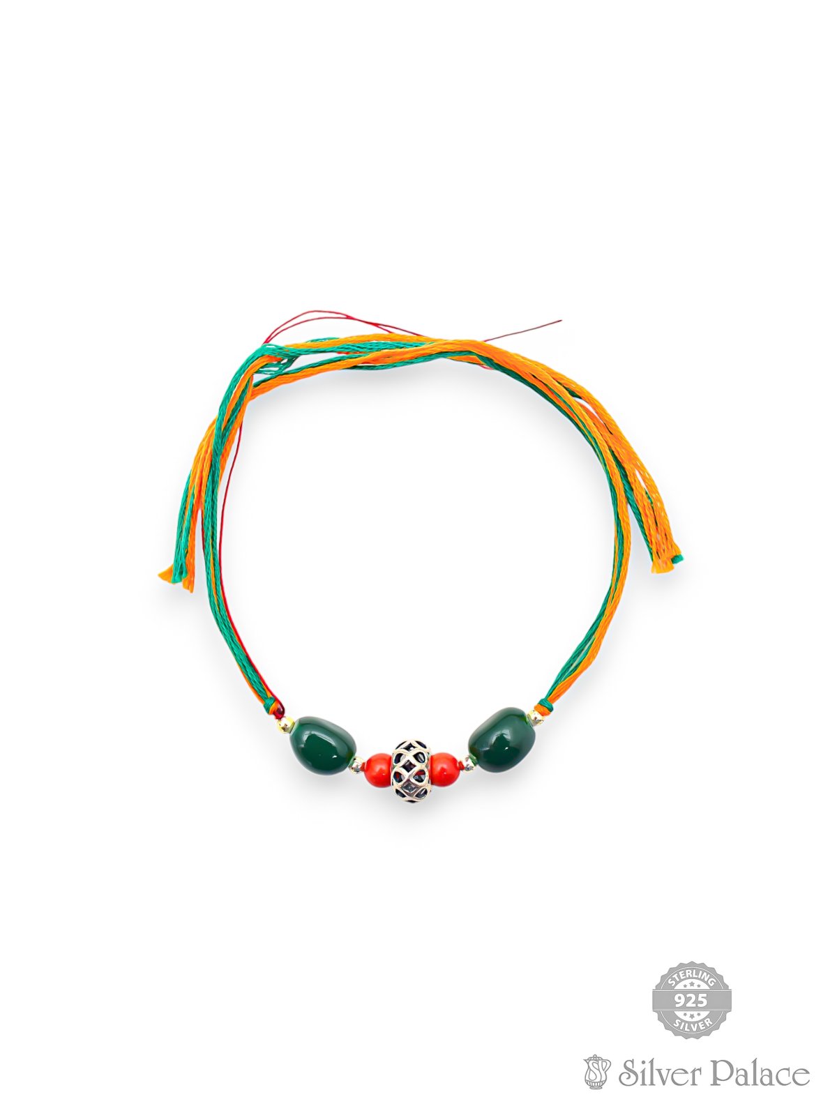 925 SILVER GREEN AND RED BEADS RAKHI FOR RAKSHABANDHAN 