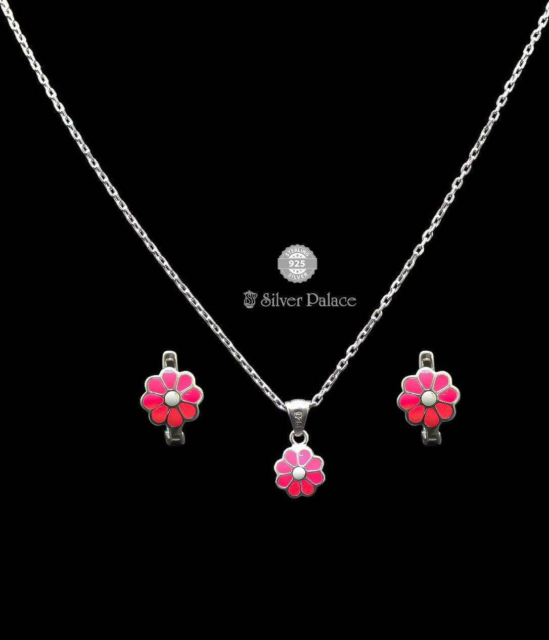 92.5 Silver Aara Collections Flower design & Pink Enamel Pendant With Earring For Kids