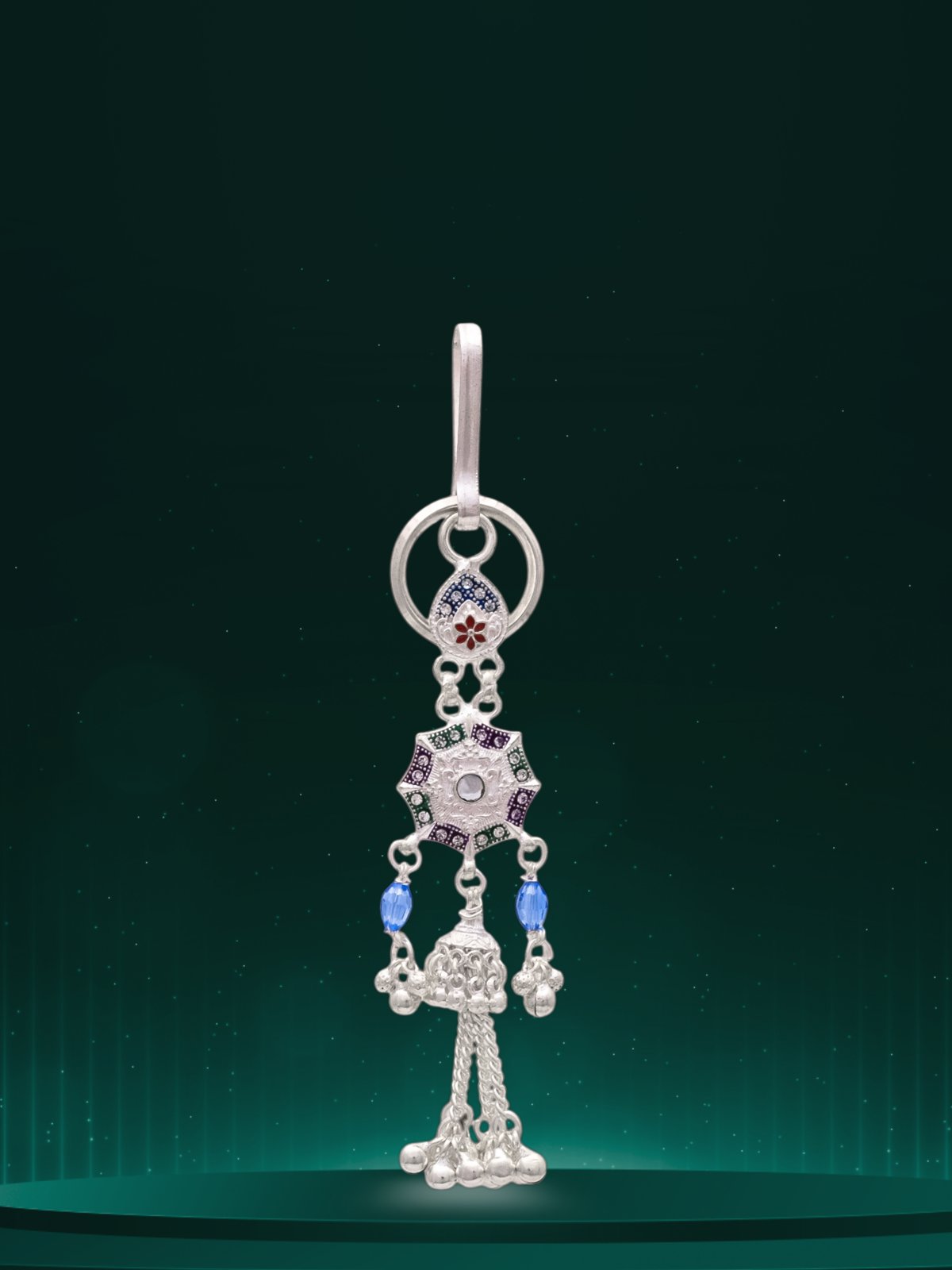 FINE SILVER FLORAL ENAMEL WITH SILVER BEADS DESIGN HIP KEY RINGS FOR GIRLS